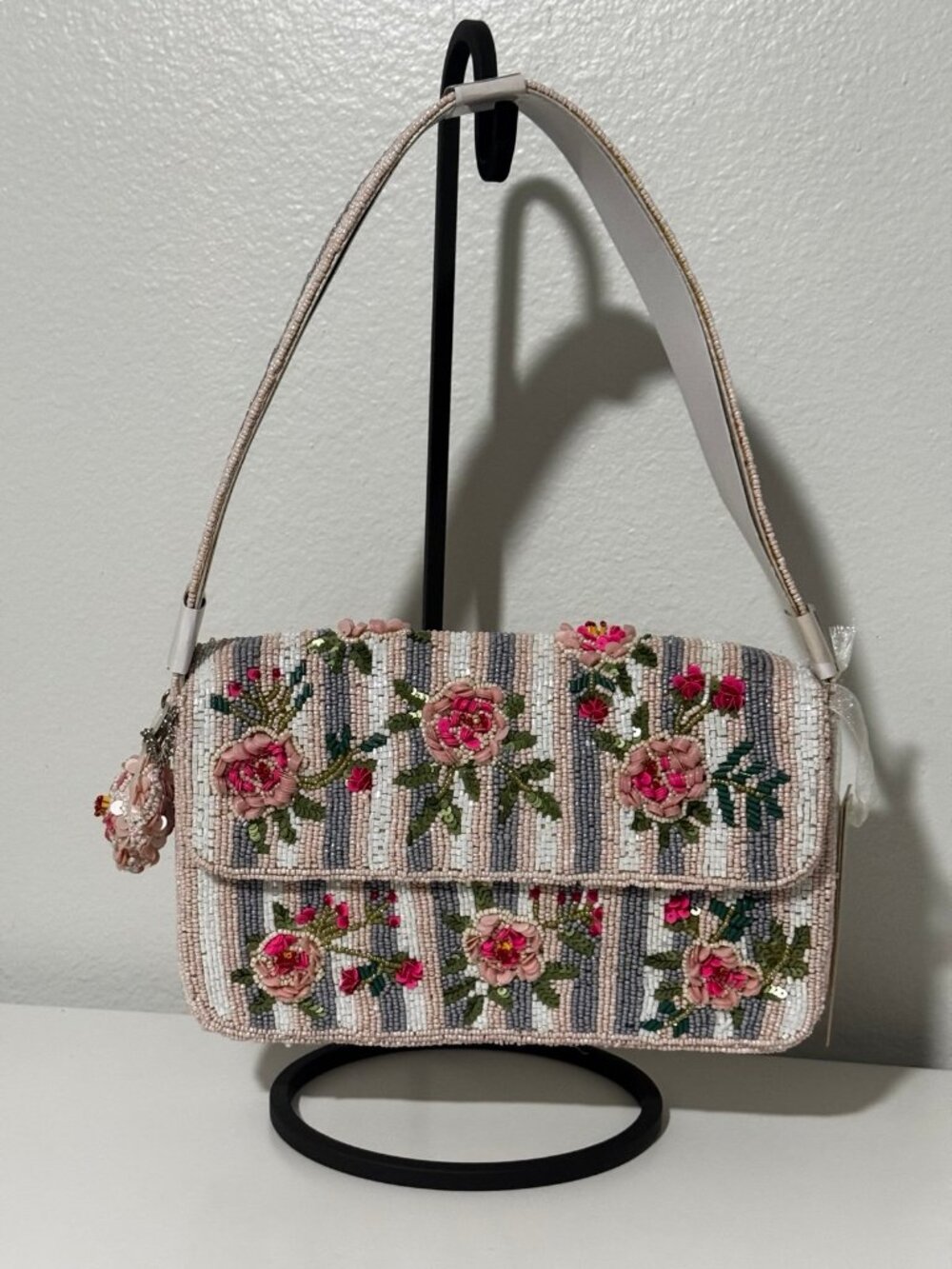 NWT VIRAL Floral Coquette Pastel Blue Pink Striped Beaded Should Bag Purse